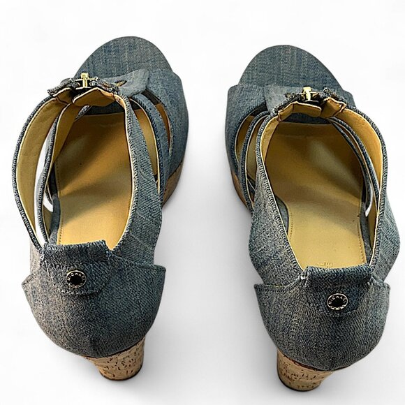 Michael Kors Blue Cork Wedge Sandal Platform Zip Back Washed Denim Size 9.5M - Picture 4 of 8